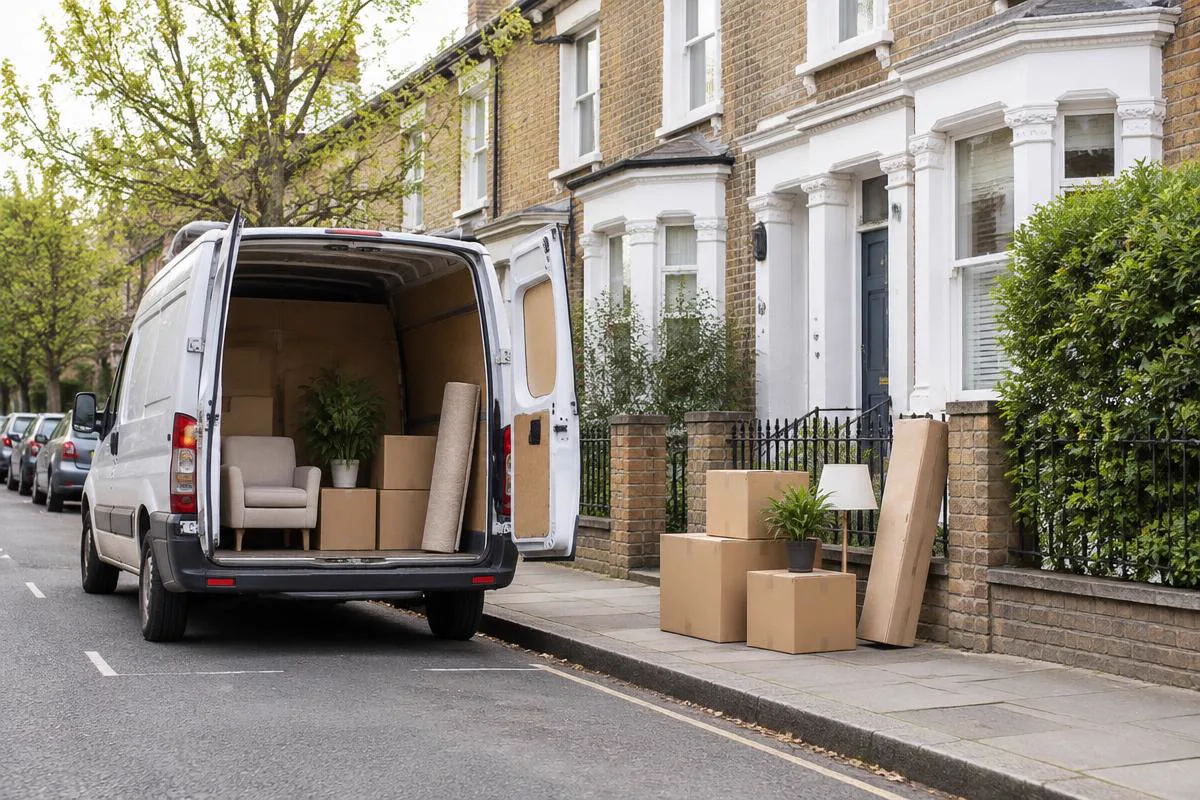 Removals van and moving boxes on a London residential street
