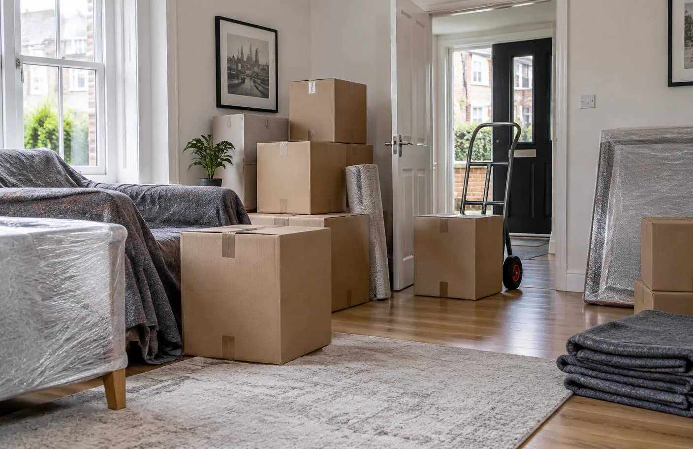 Packed boxes and protected furniture ready for a home move