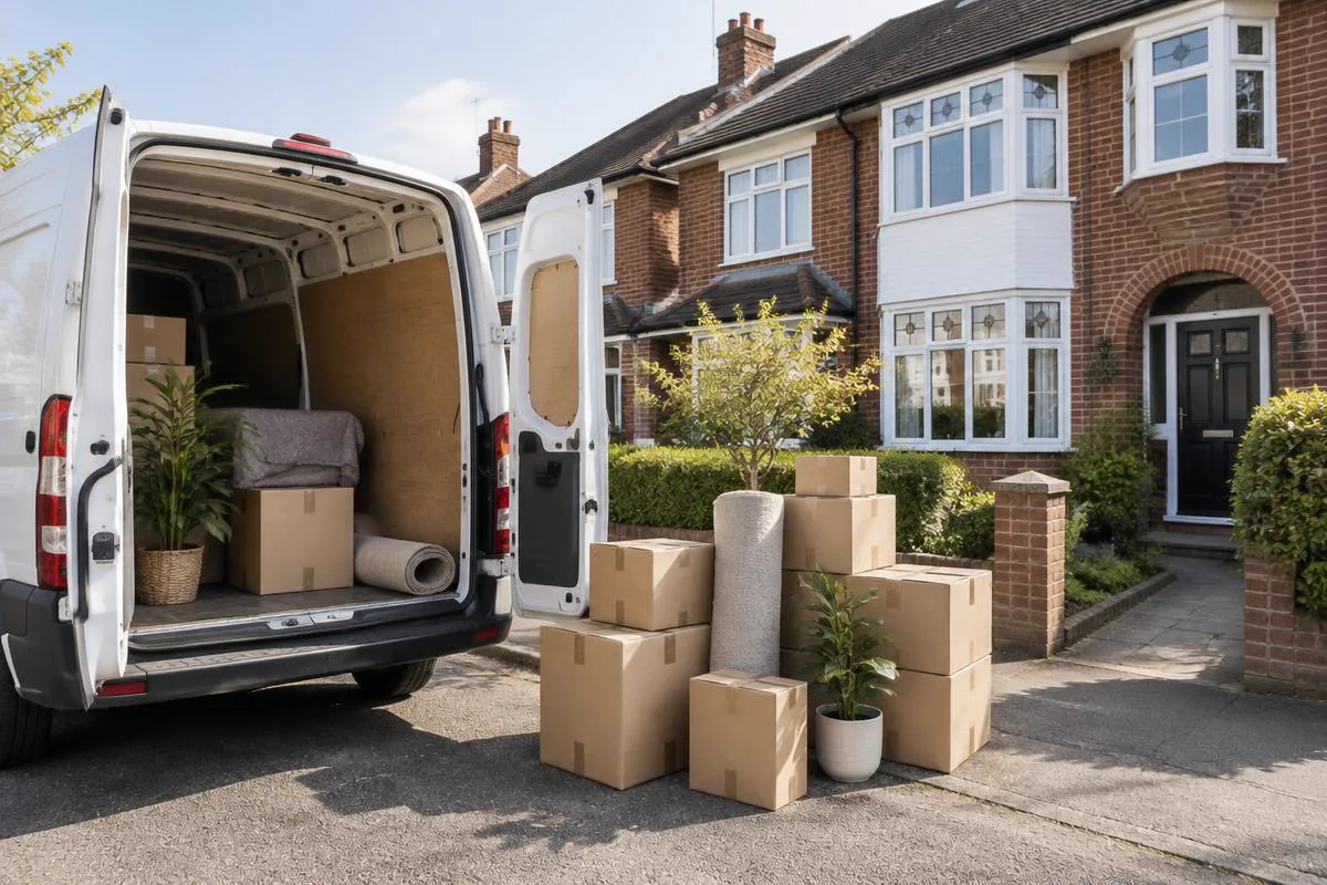 Removals van and packed boxes outside a West Midlands home